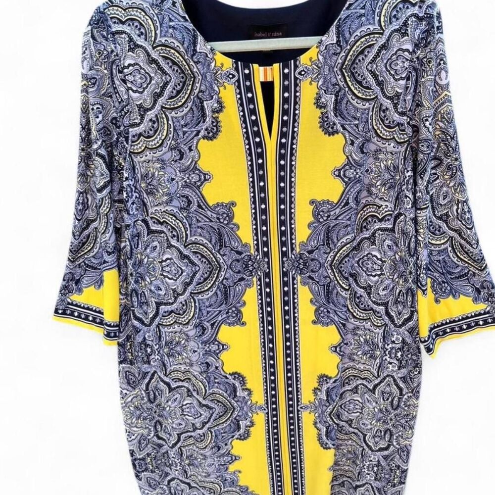 isabel & nina | Yellow & Navy Paisley Geometric Shift Dress | 3/4 Sleeve | XL